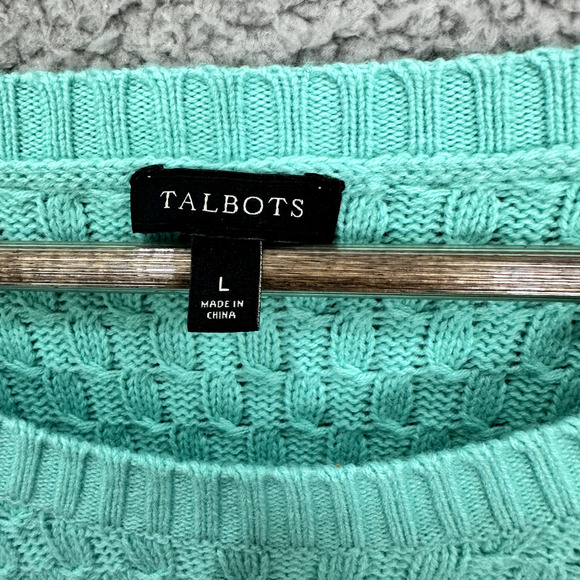 Talbots Sweater Womens Large Green Fisherman Knit Wool Blend Pullover Preppy - Picture 3 of 6